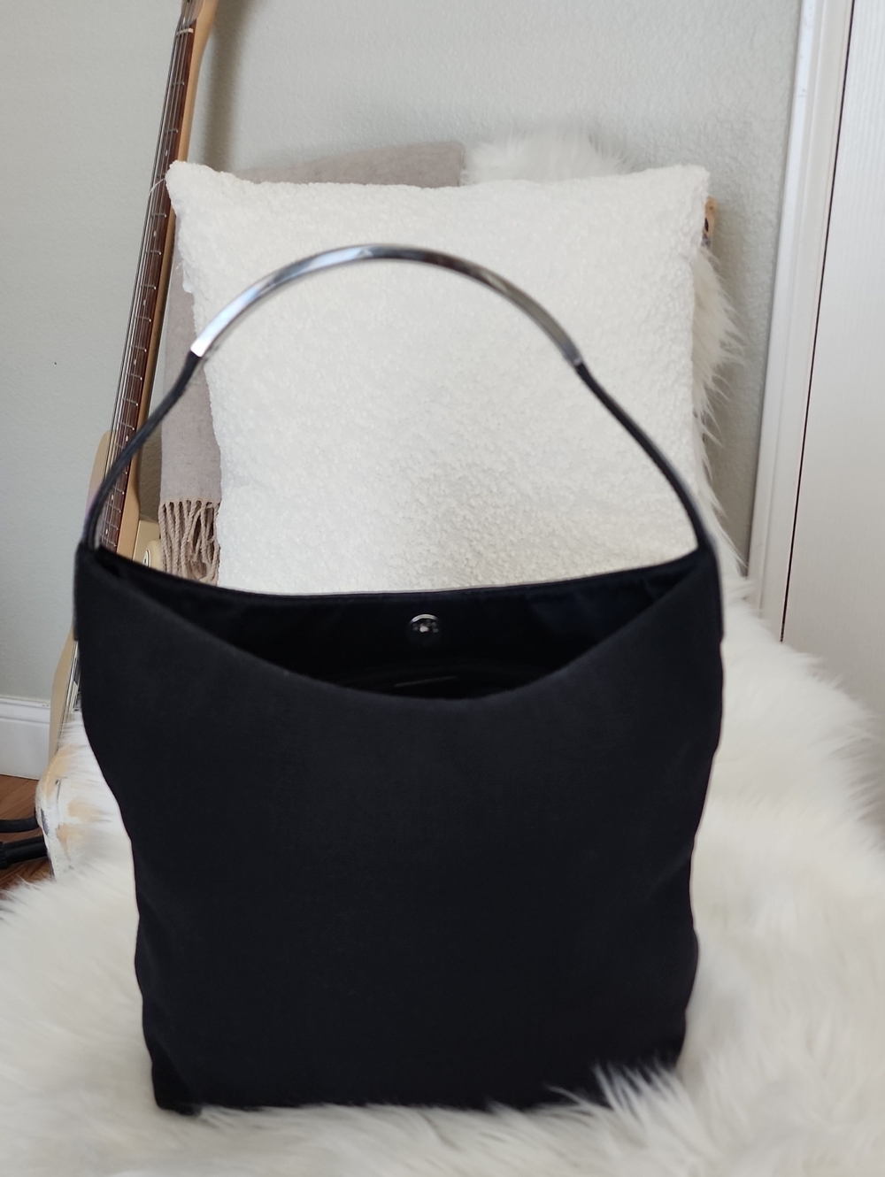 Vintage Tom Ford Era Gucci Black Shoulder Mini Hobo Bag with Silver-Tone Handle